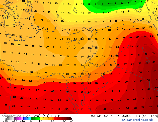 temperatura máx. (2m) NCEP Qua 08.05.2024 00 UTC