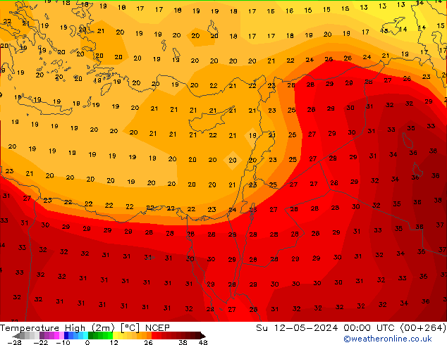 Max. Temperatura (2m) NCEP nie. 12.05.2024 00 UTC