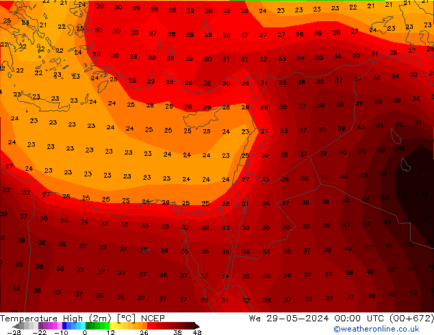 Temp. massima (2m) NCEP mer 29.05.2024 00 UTC