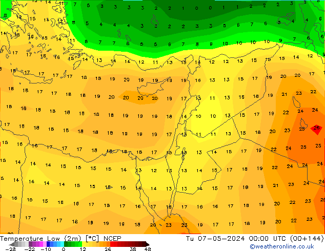 Nejnižší teplota (2m) NCEP Út 07.05.2024 00 UTC