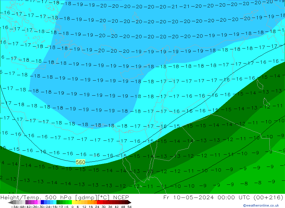 Hoogte/Temp. 500 hPa NCEP vr 10.05.2024 00 UTC