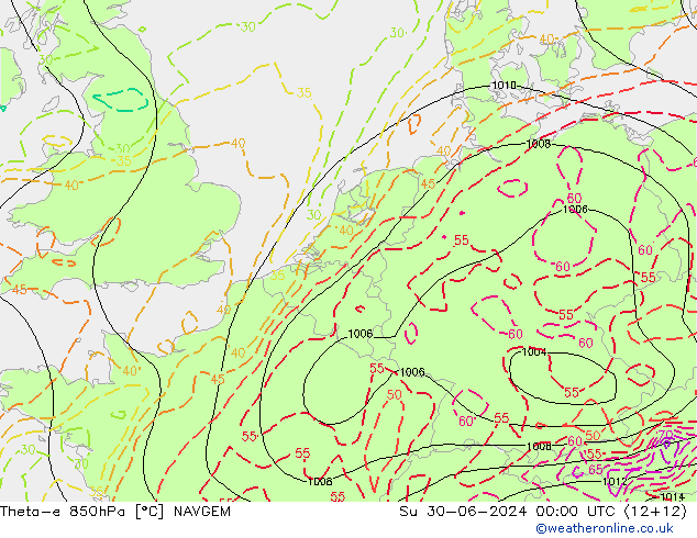 Theta-e 850hPa NAVGEM zo 30.06.2024 00 UTC