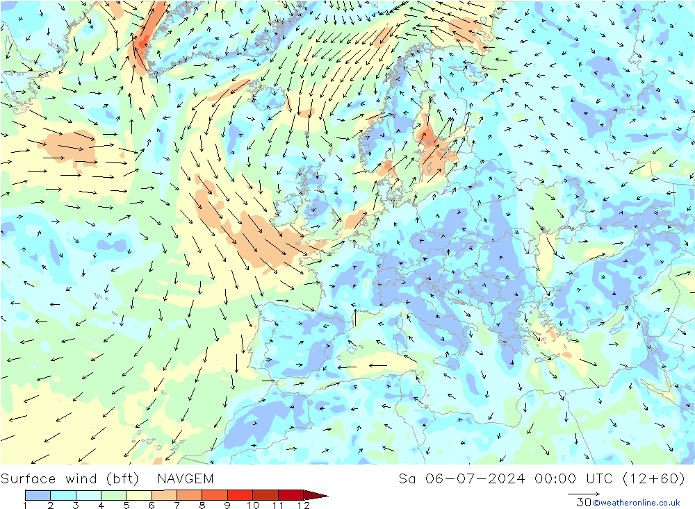 Wind 10 m (bft) NAVGEM za 06.07.2024 00 UTC