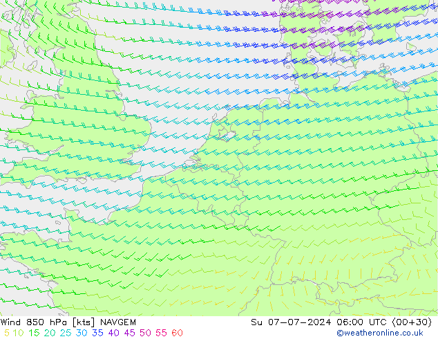 风 850 hPa NAVGEM 星期日 07.07.2024 06 UTC