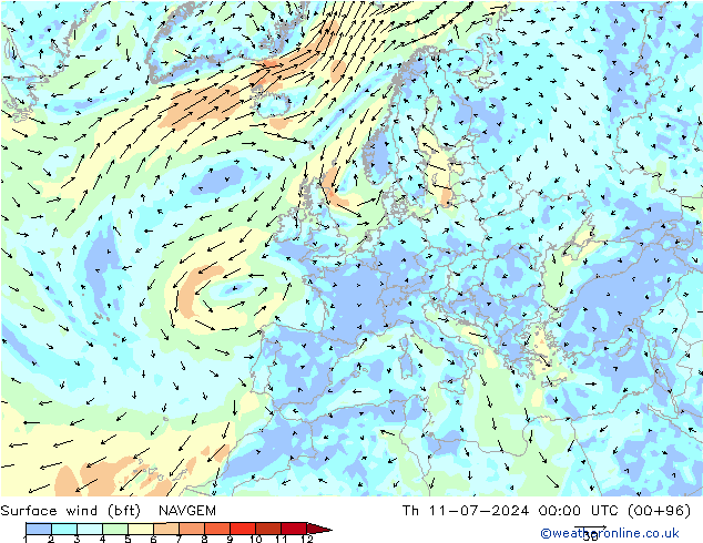 Wind 10 m (bft) NAVGEM do 11.07.2024 00 UTC