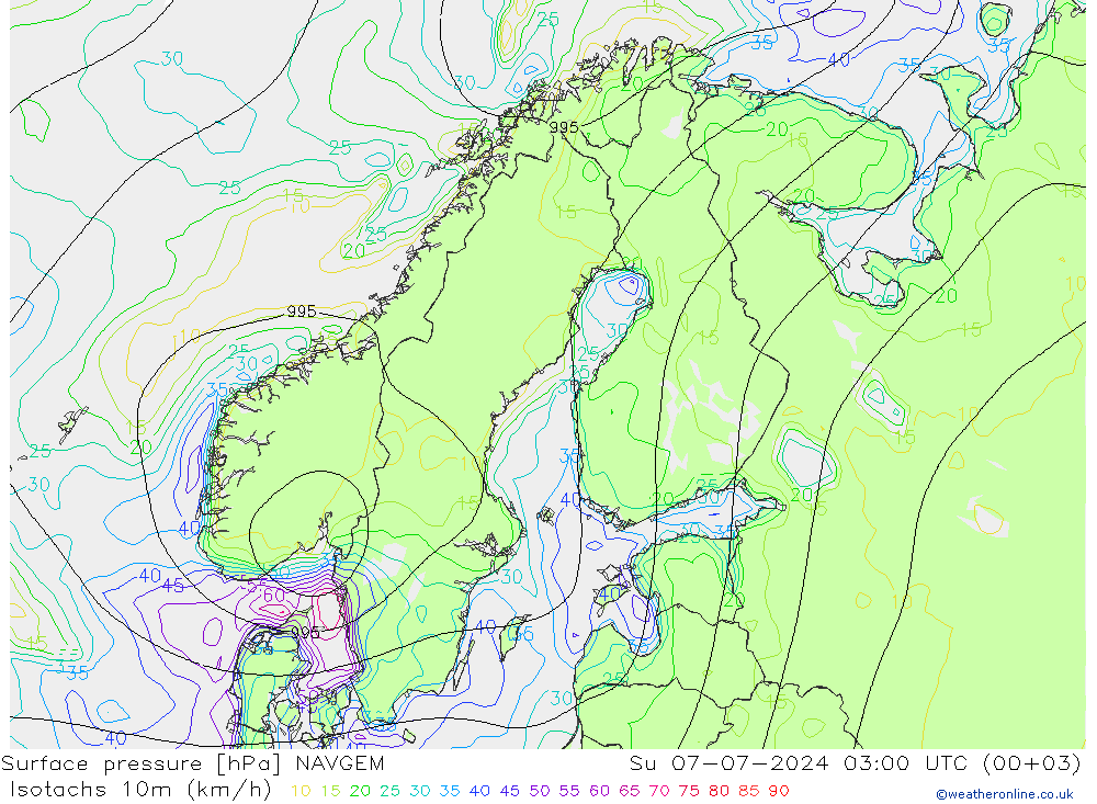 10米等风速线 (kph) NAVGEM 星期日 07.07.2024 03 UTC