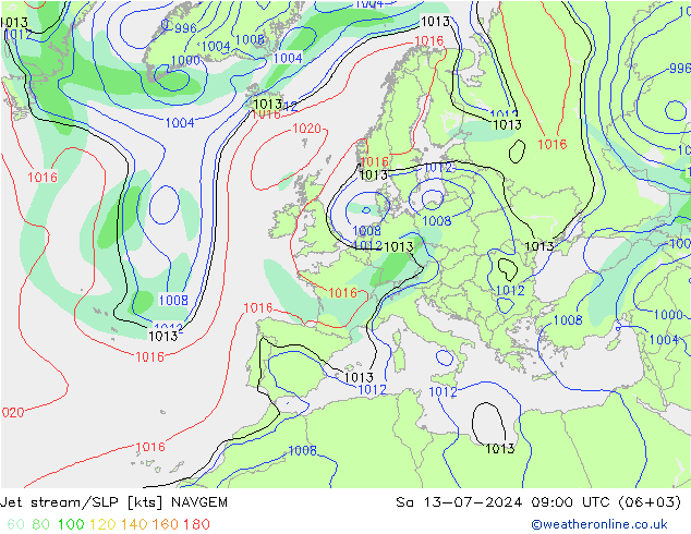 高速氣流/地面气压 NAVGEM 星期六 13.07.2024 09 UTC