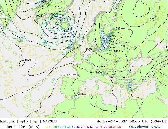 Isotachen (mph) NAVGEM ma 29.07.2024 06 UTC