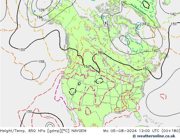 Hoogte/Temp. 850 hPa NAVGEM ma 05.08.2024 12 UTC