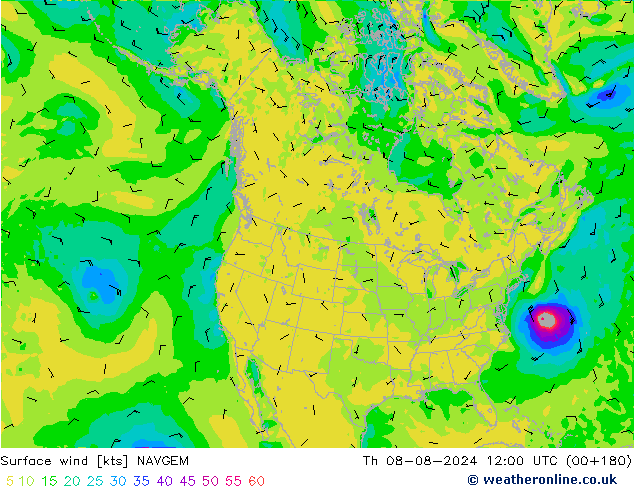 Wind 10 m NAVGEM do 08.08.2024 12 UTC