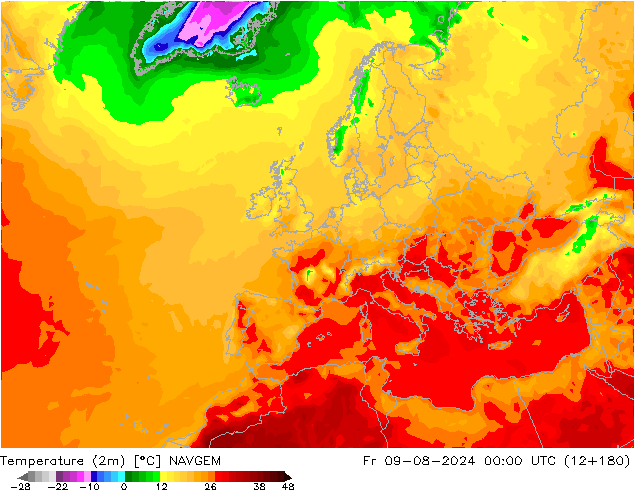 Temperatuurkaart (2m) NAVGEM vr 09.08.2024 00 UTC