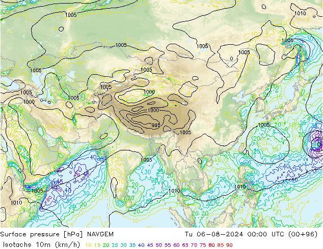 Isotachen (km/h) NAVGEM di 06.08.2024 00 UTC