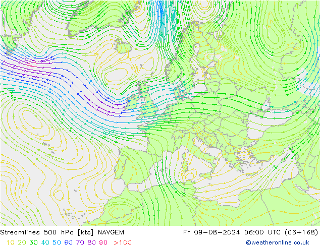 Stroomlijn 500 hPa NAVGEM vr 09.08.2024 06 UTC