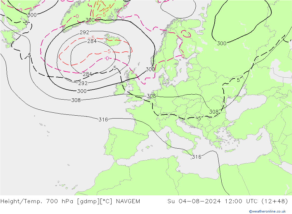 Hoogte/Temp. 700 hPa NAVGEM zo 04.08.2024 12 UTC