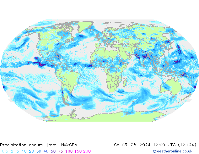 Precipitation accum. NAVGEM 星期六 03.08.2024 12 UTC