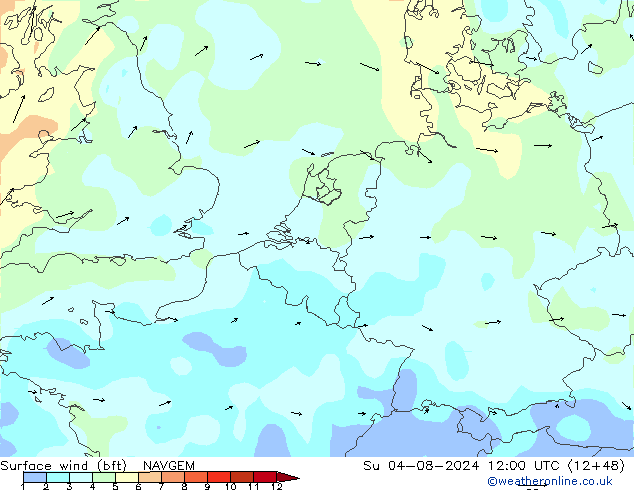 �N 10 米 (bft) NAVGEM 星期日 04.08.2024 12 UTC