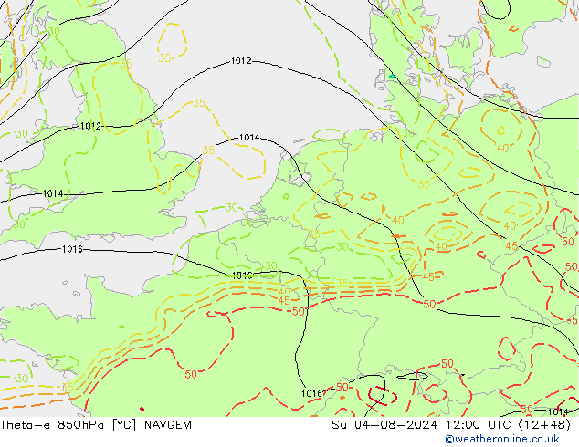 Theta-e 850hPa NAVGEM 星期日 04.08.2024 12 UTC