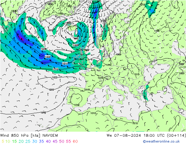 风 850 hPa NAVGEM 星期三 07.08.2024 18 UTC
