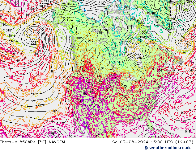 Theta-e 850hPa NAVGEM za 03.08.2024 15 UTC