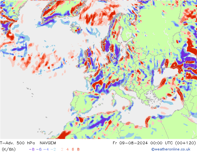 T-Adv. 500 hPa NAVGEM 星期五 09.08.2024 00 UTC