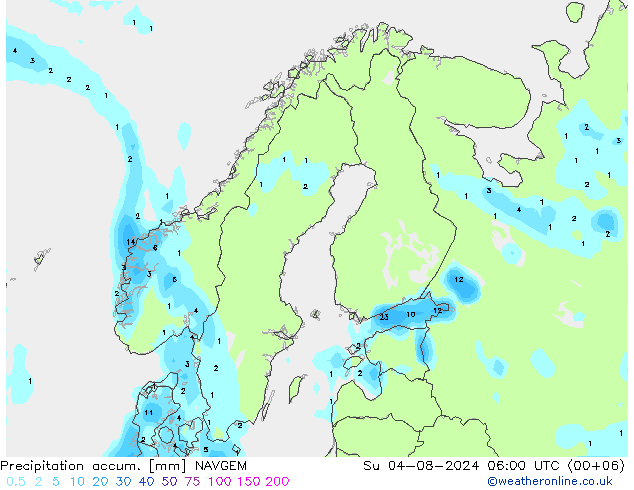 Totale neerslag NAVGEM zo 04.08.2024 06 UTC