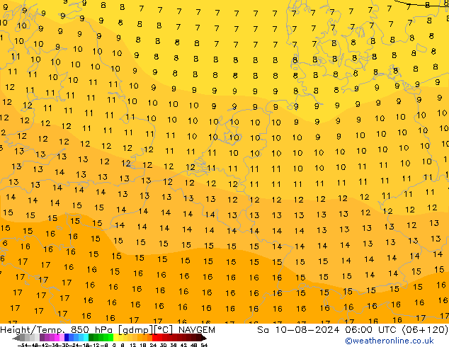 Hoogte/Temp. 850 hPa NAVGEM za 10.08.2024 06 UTC