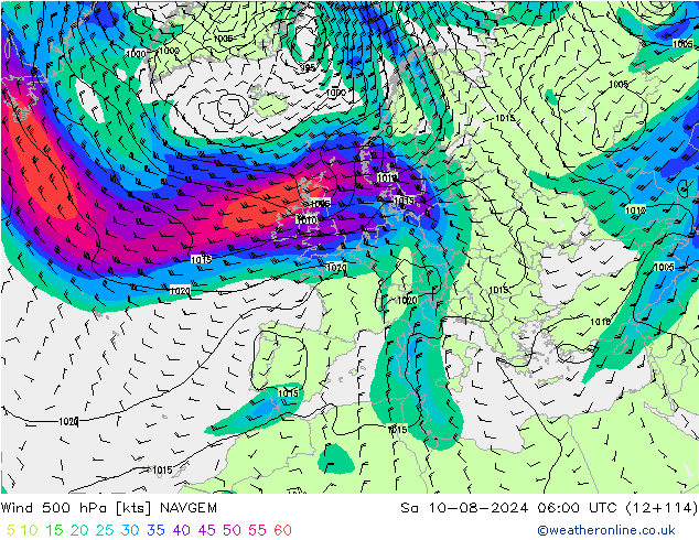 Wind 500 hPa NAVGEM za 10.08.2024 06 UTC