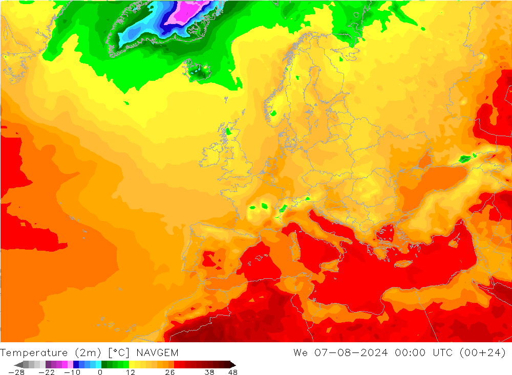 Temperatuurkaart (2m) NAVGEM wo 07.08.2024 00 UTC