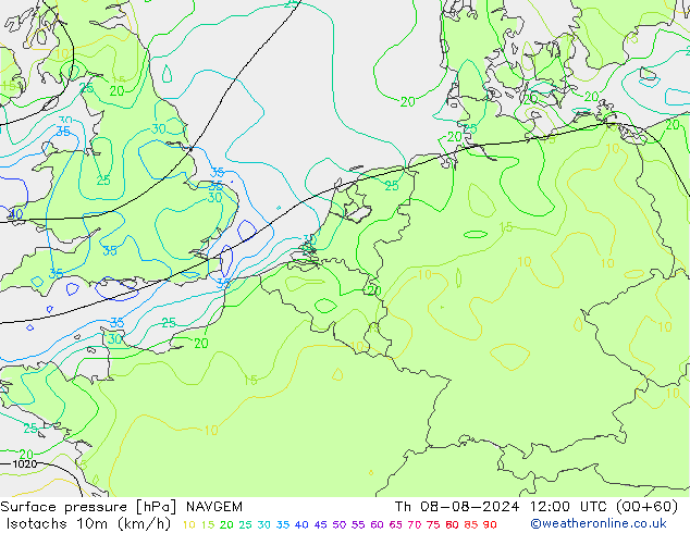 10米等风速线 (kph) NAVGEM 星期四 08.08.2024 12 UTC