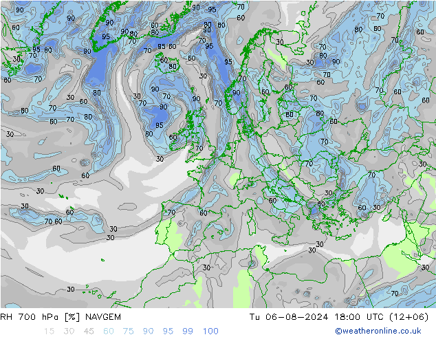 RH 700 hPa NAVGEM 星期二 06.08.2024 18 UTC