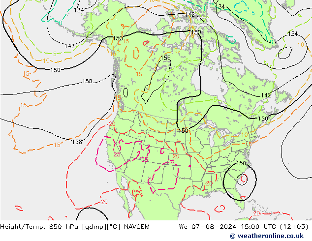 Hoogte/Temp. 850 hPa NAVGEM wo 07.08.2024 15 UTC