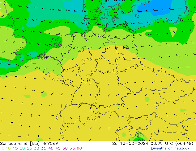 Wind 10 m NAVGEM za 10.08.2024 06 UTC