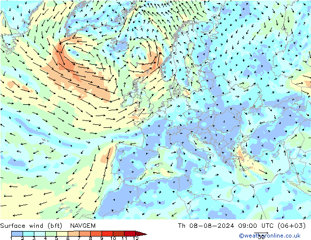 Wind 10 m (bft) NAVGEM do 08.08.2024 09 UTC