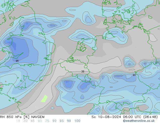 RH 850 hPa NAVGEM 星期六 10.08.2024 06 UTC