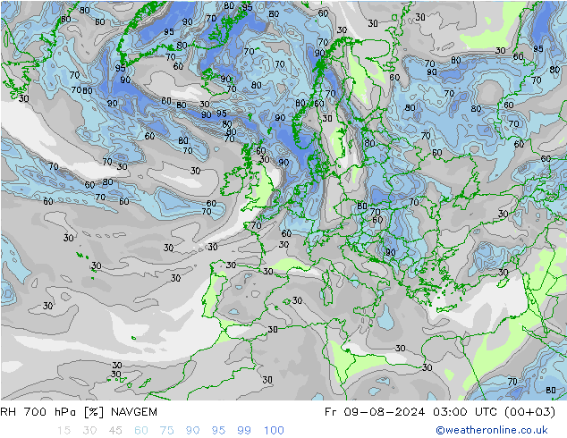 RH 700 hPa NAVGEM 星期五 09.08.2024 03 UTC