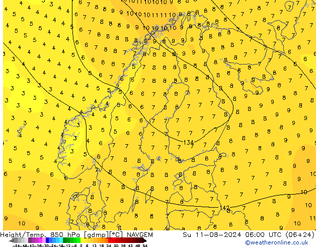 Hoogte/Temp. 850 hPa NAVGEM zo 11.08.2024 06 UTC