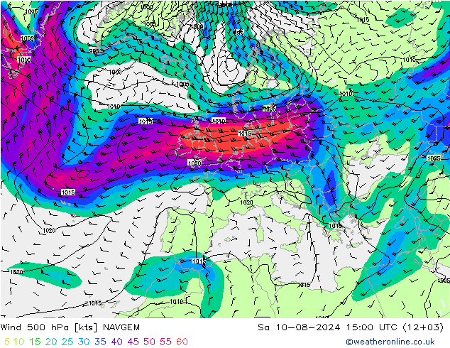 风 500 hPa NAVGEM 星期六 10.08.2024 15 UTC