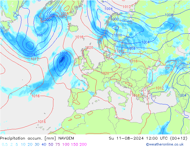 Totale neerslag NAVGEM zo 11.08.2024 12 UTC