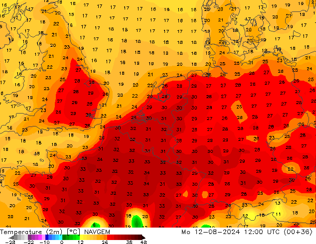 Temperatuurkaart (2m) NAVGEM ma 12.08.2024 12 UTC