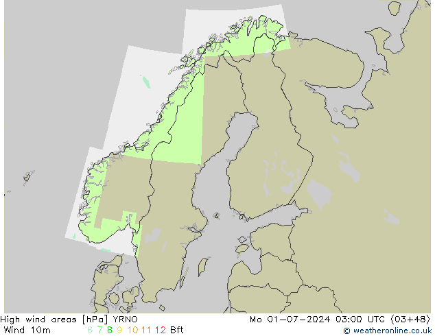 High wind areas YRNO 星期一 01.07.2024 03 UTC