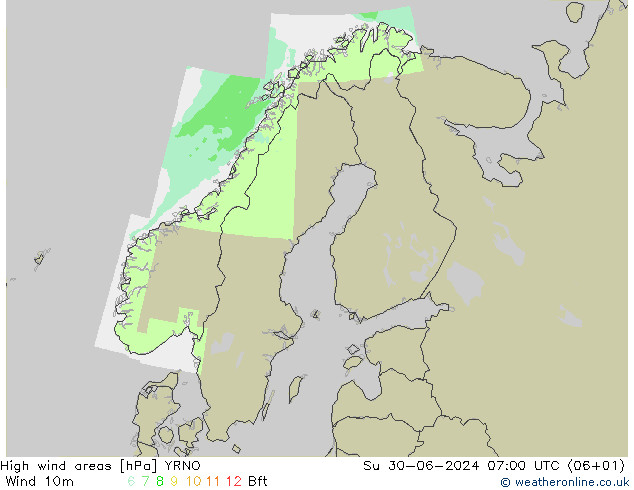 High wind areas YRNO 星期日 30.06.2024 07 UTC