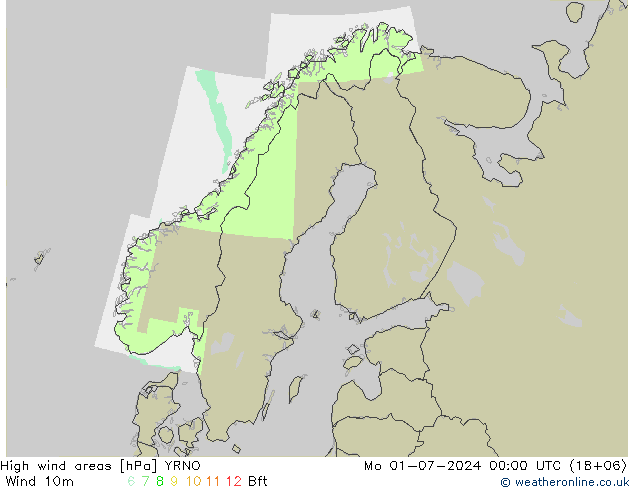 High wind areas YRNO 星期一 01.07.2024 00 UTC