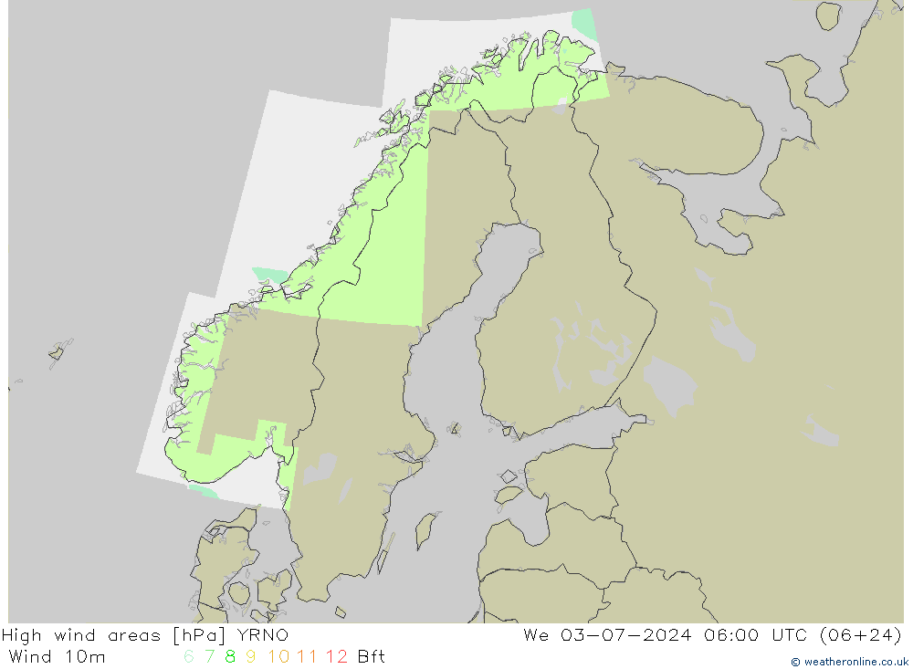 High wind areas YRNO 星期三 03.07.2024 06 UTC