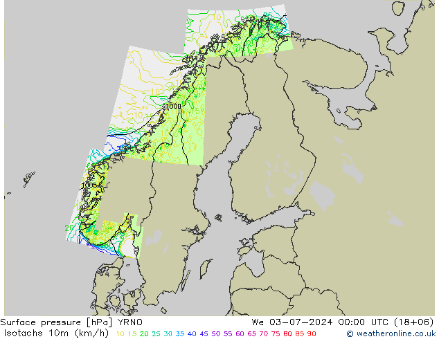10米等风速线 (kph) YRNO 星期三 03.07.2024 00 UTC