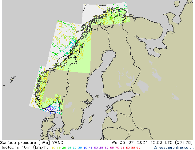 10米等风速线 (kph) YRNO 星期三 03.07.2024 15 UTC