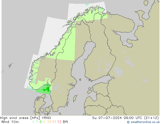High wind areas YRNO 星期日 07.07.2024 09 UTC