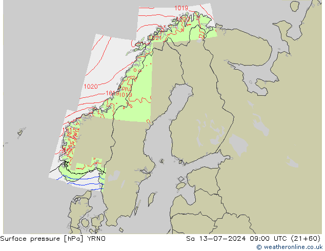 地面气压 YRNO 星期六 13.07.2024 09 UTC