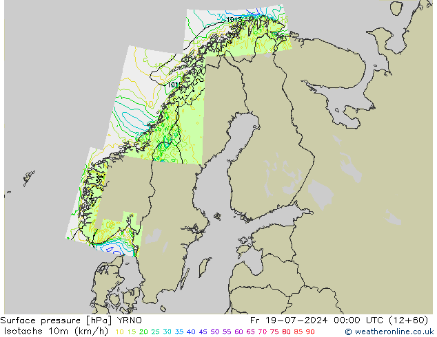 10米等风速线 (kph) YRNO 星期五 19.07.2024 00 UTC