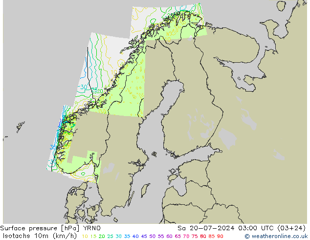 10米等风速线 (kph) YRNO 星期六 20.07.2024 03 UTC