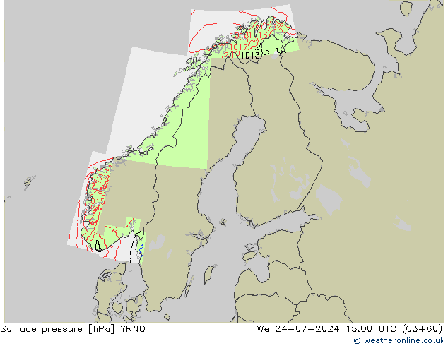Luchtdruk (Grond) YRNO wo 24.07.2024 15 UTC
